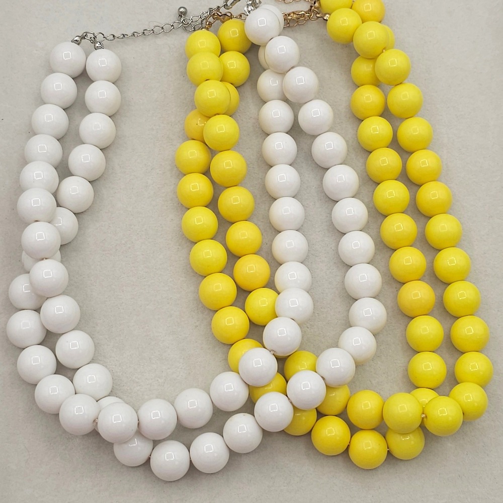 Vintage Yellow White Double Strand Bead Necklace Set Retro Mod Chunky Statement
